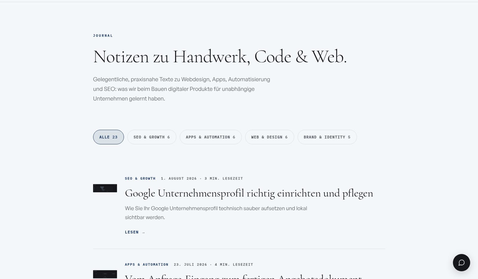 Die Journal-Übersicht von Lechner Studios mit 23 Beiträgen in vier Kategorien.